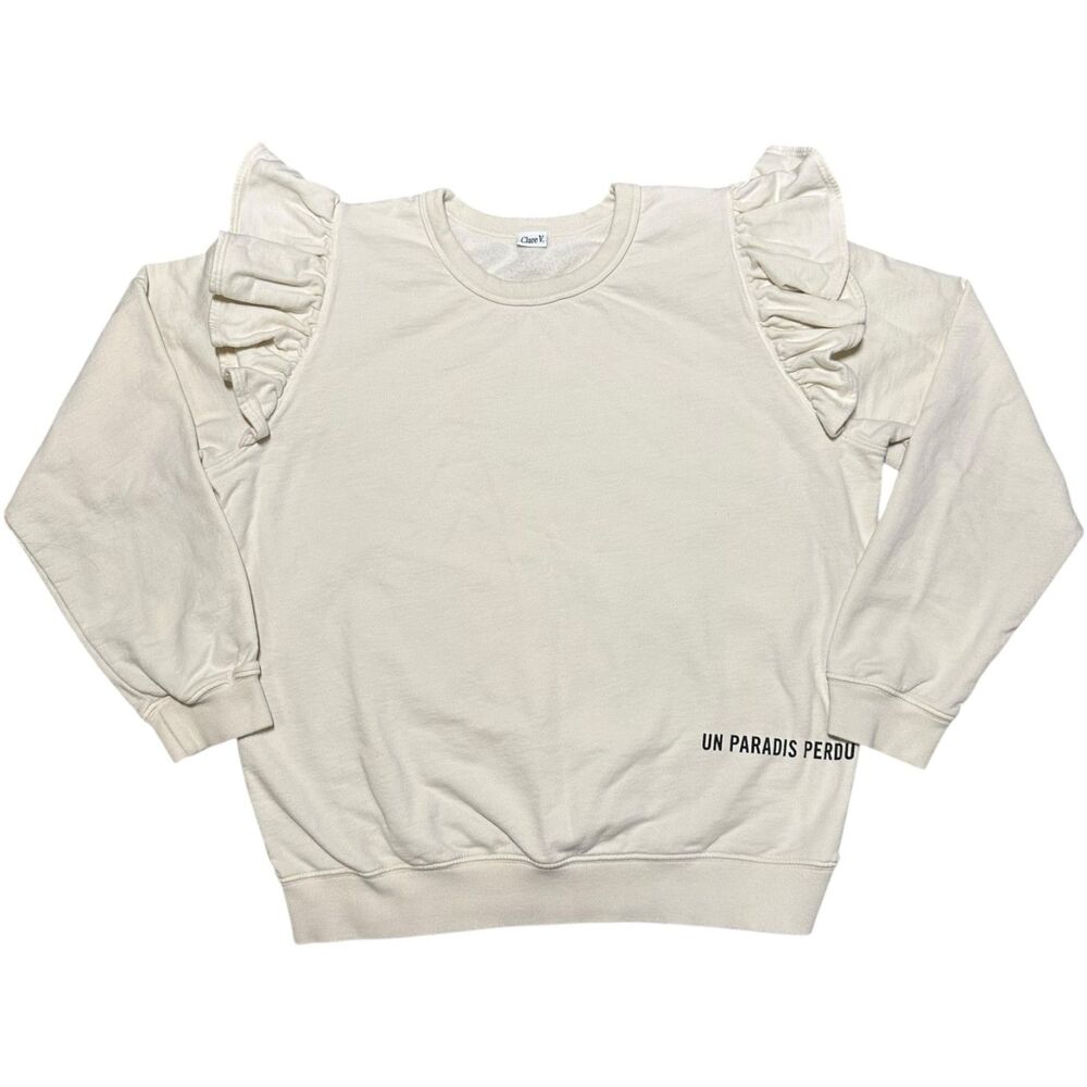 Clare V Cream Cotton Paradis Ruffled Long Sleeve Sweatshirt, Medium